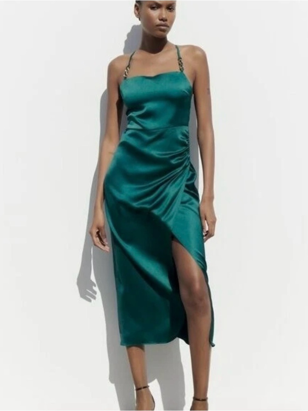 Zara Teal Satin Slip Midi Dress with Chain Straps
